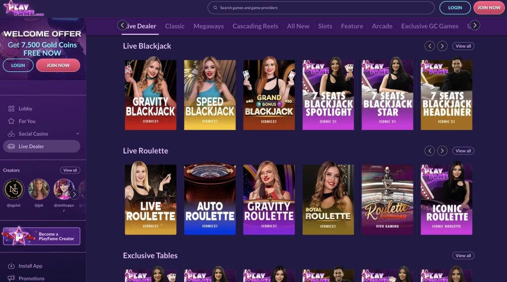 Playfame Sweeps Casino Live Dealer Games