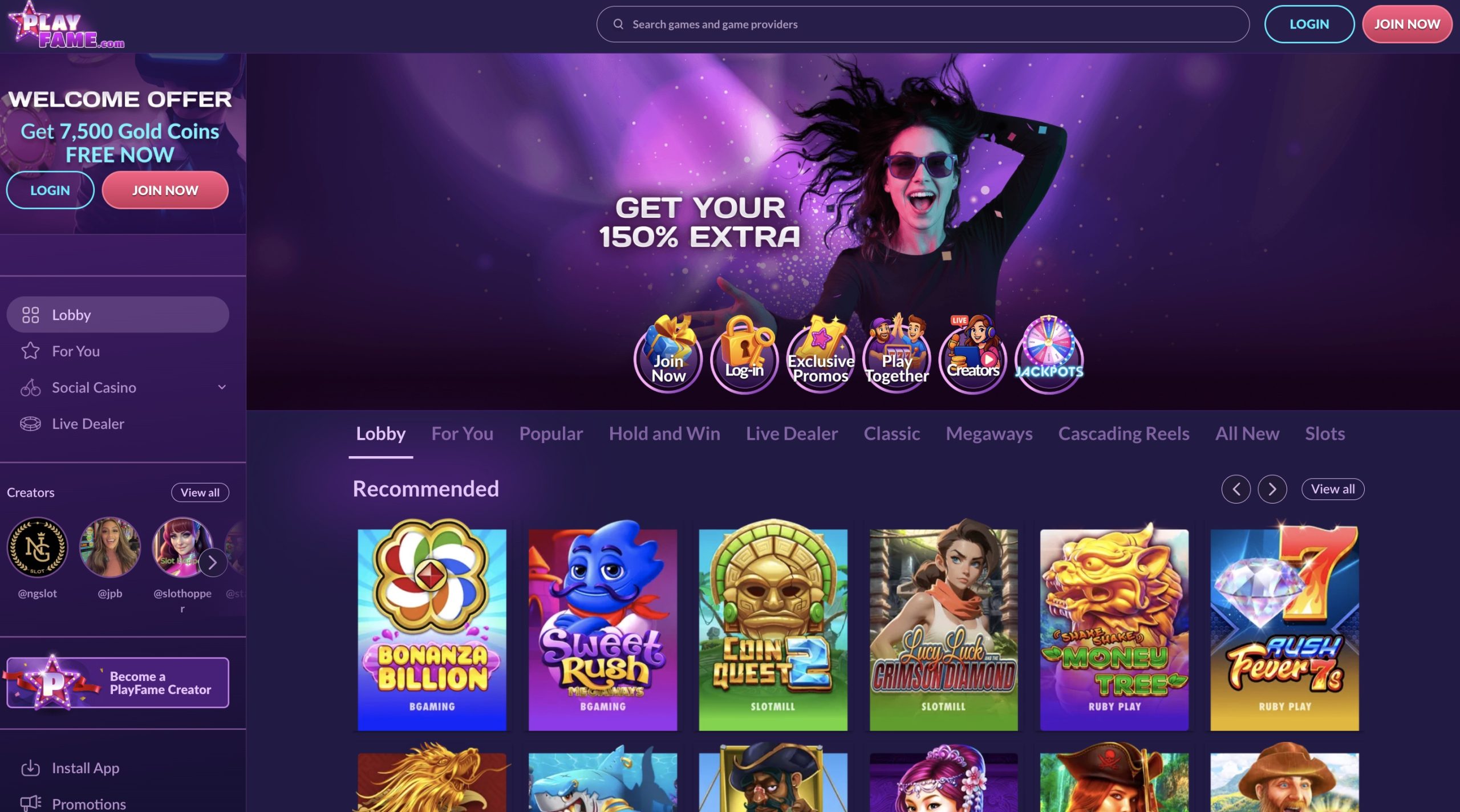 Playfame Sweeps Casino Lobby